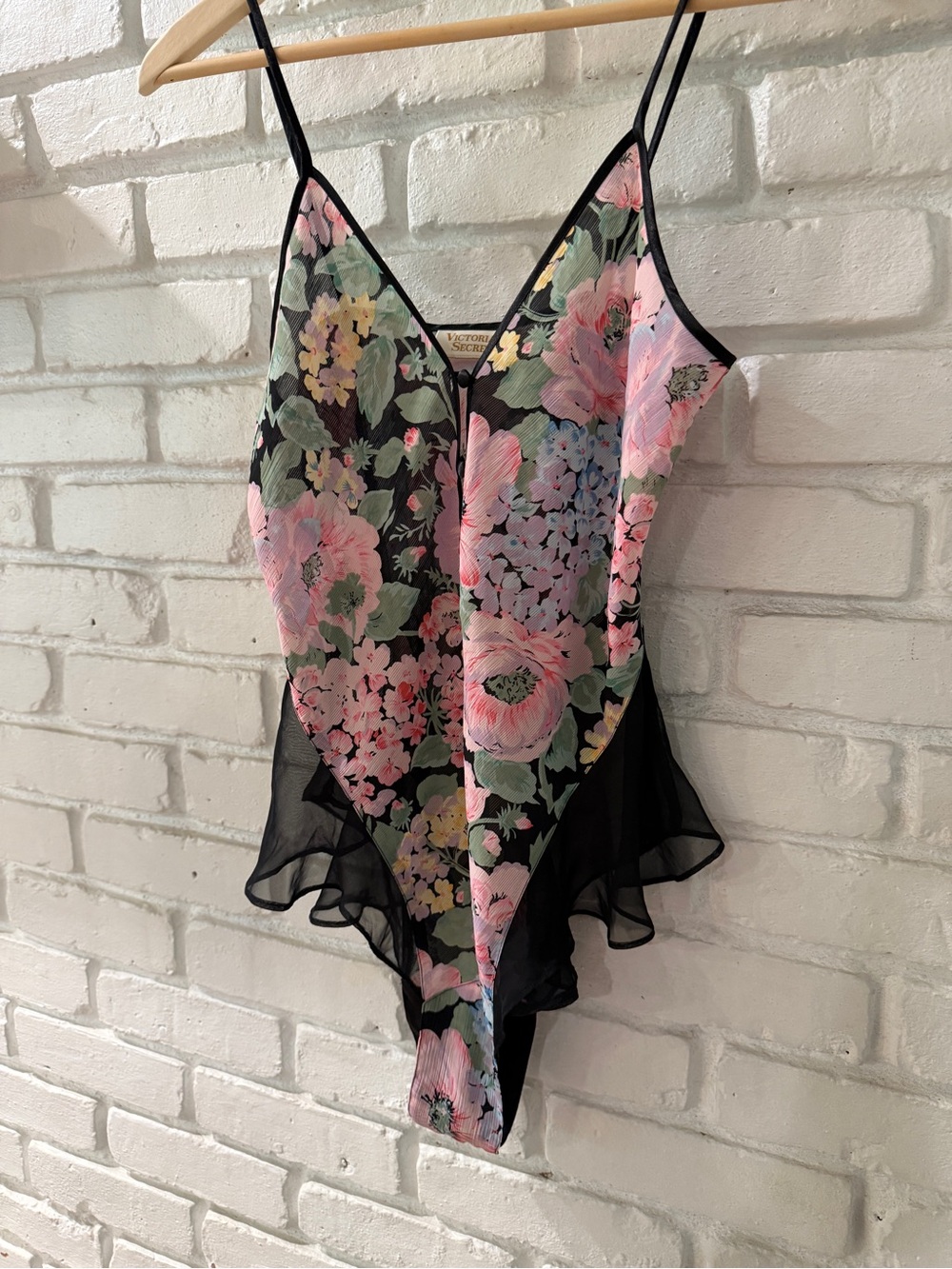 Vintage Victoria’s Secret Floral Teddy Bodysuit Black Mesh Ruffle Trim Like New - Picture 4 of 7